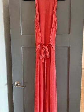 Boden Coral Plisse Ribbed Maxi Dress with Braided Trim and Belt